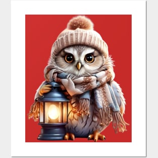 Winter Whimsy: Adorable Owl in Hat and Scarf Holding Lantern Posters and Art